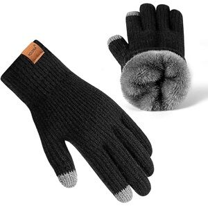 Black and Gray Knit Gloves with Faux Fur Lining